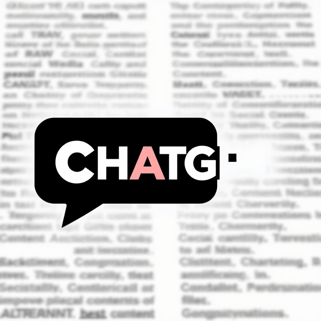 ChatGPTのロゴが、生のテキストを魅力的で説得力のあるソーシャルメディアコンテンツへと変換する様子を描いたスタイリッシュな画像です。背景には、ダイナミックに変化するテキストストリームが描かれています。この画像は、改善とコンバージョンを喚起するものです。