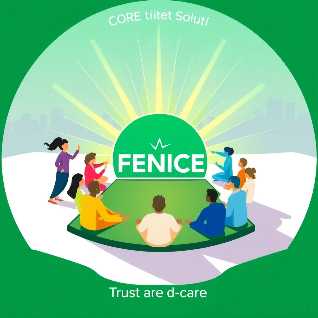 MS&C LLCとFENICEフランチャイズの中核ミッションを表現した、様式化されたイメージです。中心となるのは、健康と幸福を象徴するエネルギーの波を放射する、様式化されたDENBAヘルスマットです。マットの周りには、コミュニティと繋がりを表す多様な人々を様式化して描きます。色彩は、緑、青、黄色を基調とし、鮮やかで高揚感のある色調に仕上げます。ダイナミックな構図で、エネルギーの波が外側へと広がり、成長と拡張の感覚を生み出します。背景には、地域社会を象徴する繊細な街並みを描きます。信頼と思いやりが伝わるイメージを目指します。4K解像度で、高画質かつ細部までこだわってレンダリングしてください。