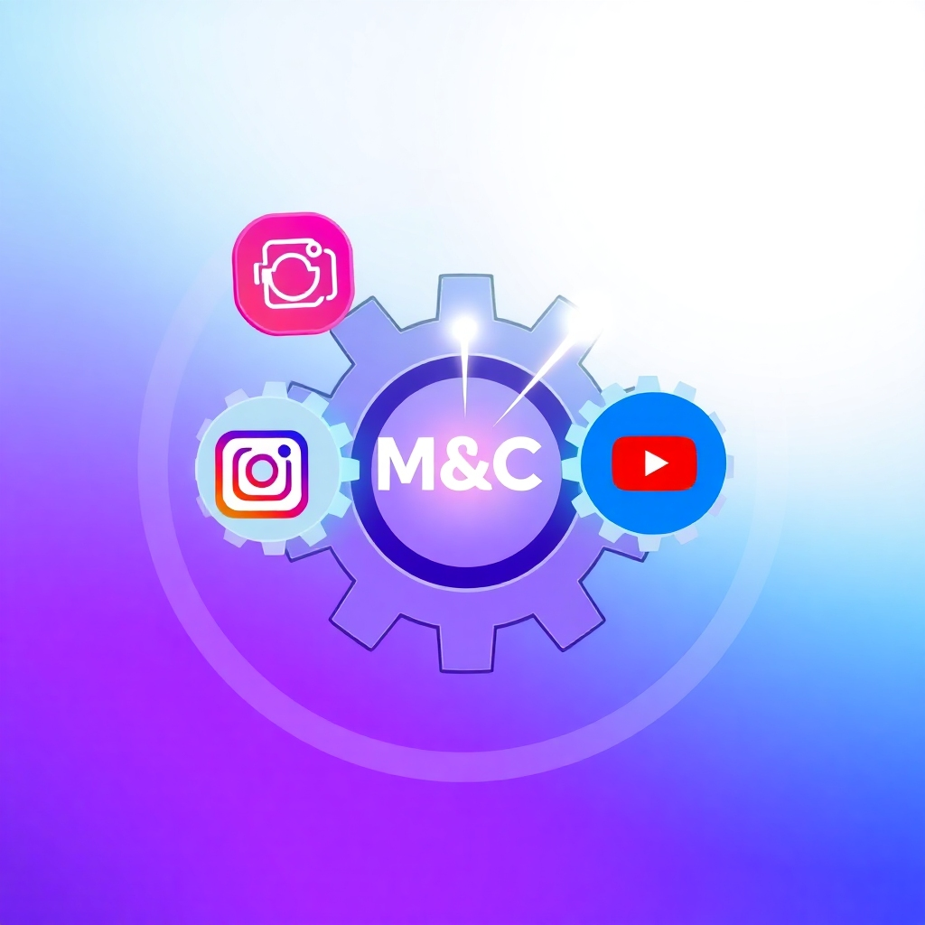 MS&Cのミッションを表現した、スタイリッシュで印象的な画像です。自動化を表す中央の歯車が、Instagram、Facebook、YouTubeのロゴが入った3つの小さな歯車とシームレスに連動しています。連動する歯車の中央から光のきらめきが放たれ、効率性と革新性を象徴しています。背景は青と紫の柔らかなグラデーションで、落ち着きと革新性を演出します。画像はベクターグラフィックと限定されたカラーパレットを使用し、クリーンでモダンなデザインに仕​​上げます。全体の構成は円形で、自動化されたソーシャルメディアプロセスの相互接続性を強調します。シームレスな自動化と強力なテクノロジーの感覚を喚起します。4K解像度、高画質、デジタルレンダリング画像です。
