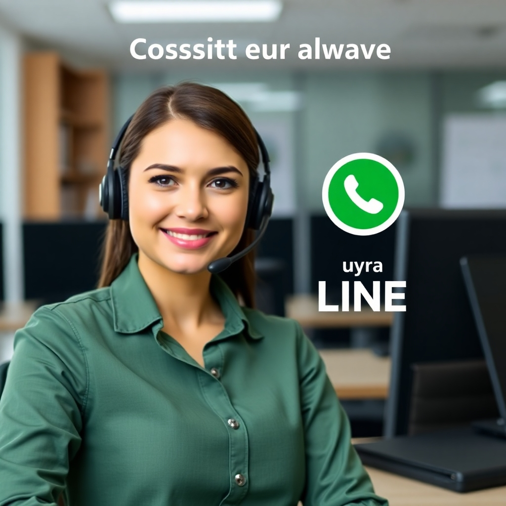 LINEでいつでも対応可能なサポート担当者。安心感を与えるイメージです。背景には整理整頓されたオフィスを配置し、信頼性と継続的なサポートを強調しています。頼りになるサポートを想起させるイメージです。