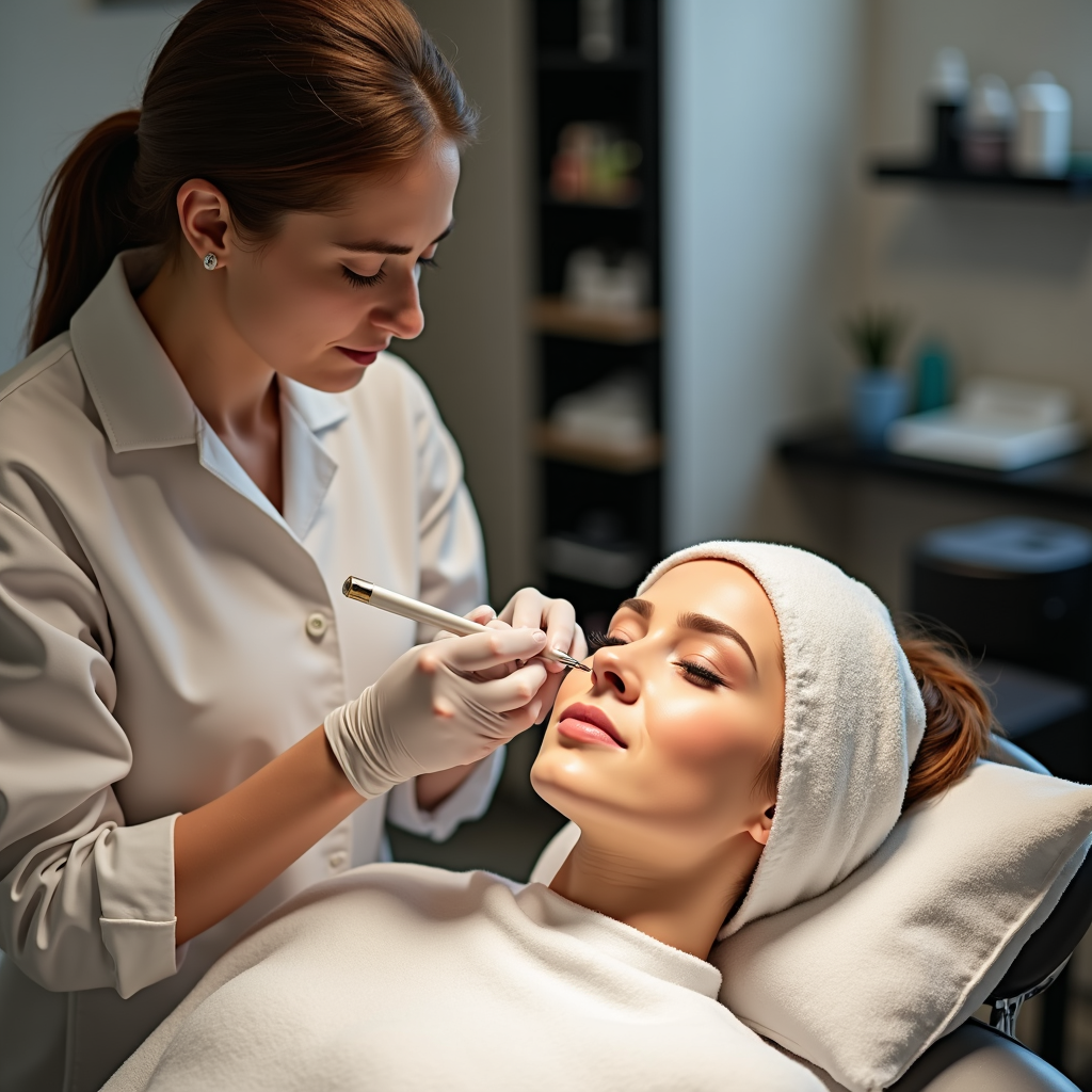 DENBAヘルスマットの上で心地よく横たわる人物のクローズアップ写真。リラックスした表情とマットから発せられるほのかな光に注目。柔らかく温かみのある照明がマットの質感を際立たせています。リラクゼーションと若返りのエッセンスを捉えています。4K、シャープフォーカス。