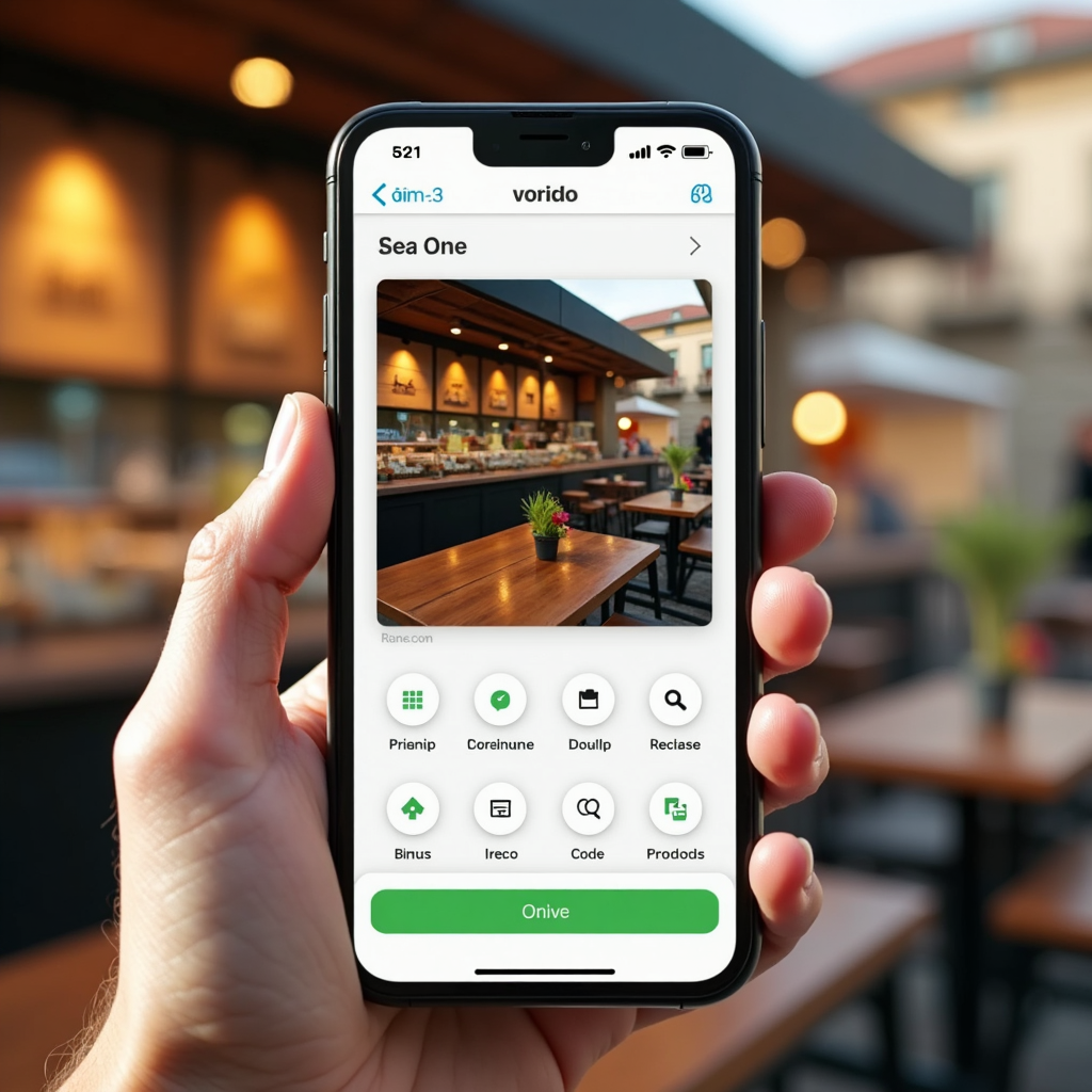 Create a photorealistic image of a person interacting with a LINE chatbot on their smartphone. The chatbot is providing personalized recommendations. The setting is a bright, modern cafe with the person smiling and engaged with their phone. The lighting should be soft and inviting. Focus on the interaction between the person and the digital interface, highlighting the ease and effectiveness of LINE-based customer service. Use a shallow depth of field to blur the background.