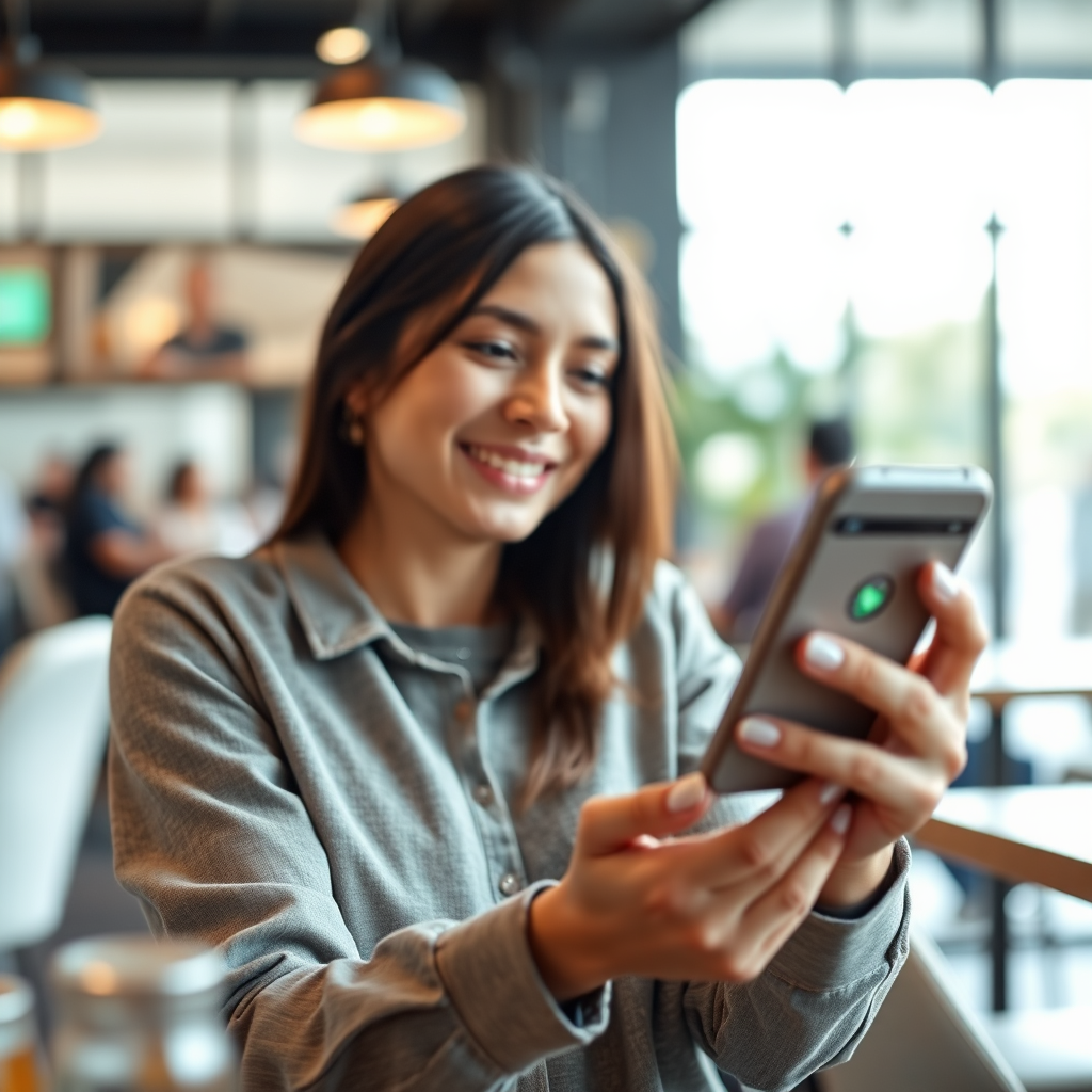 Create a photorealistic image of a person interacting with a LINE chatbot on their smartphone. The chatbot is providing personalized recommendations. The setting is a bright, modern cafe with the person smiling and engaged with their phone. The lighting should be soft and inviting. Focus on the interaction between the person and the digital interface, highlighting the ease and effectiveness of LINE-based customer service. Use a shallow depth of field to blur the background.