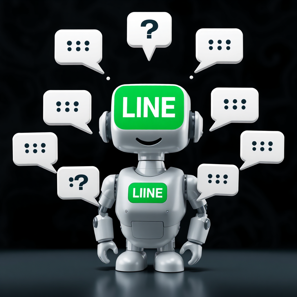 Create a photorealistic image of a LINE chatbot icon answering multiple questions simultaneously. The background is a dark, abstract pattern representing the flow of information. The chatbot icon should be friendly and approachable. The lighting should be focused on the chatbot, creating a sense of clarity and efficiency. Include subtle visual cues to indicate the speed and responsiveness of the system.