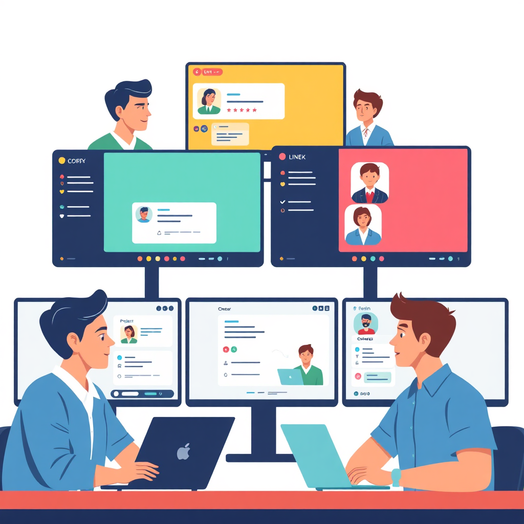 Create a stylized image of a team collaborating on a LINE WORKS platform. Show multiple screens displaying project updates, task assignments, and video calls. The screens should be arranged in a dynamic composition, highlighting the interconnectedness of the team. Use bright, vibrant colors to represent energy and efficiency. The style should be clean and modern, with a focus on user interface elements.