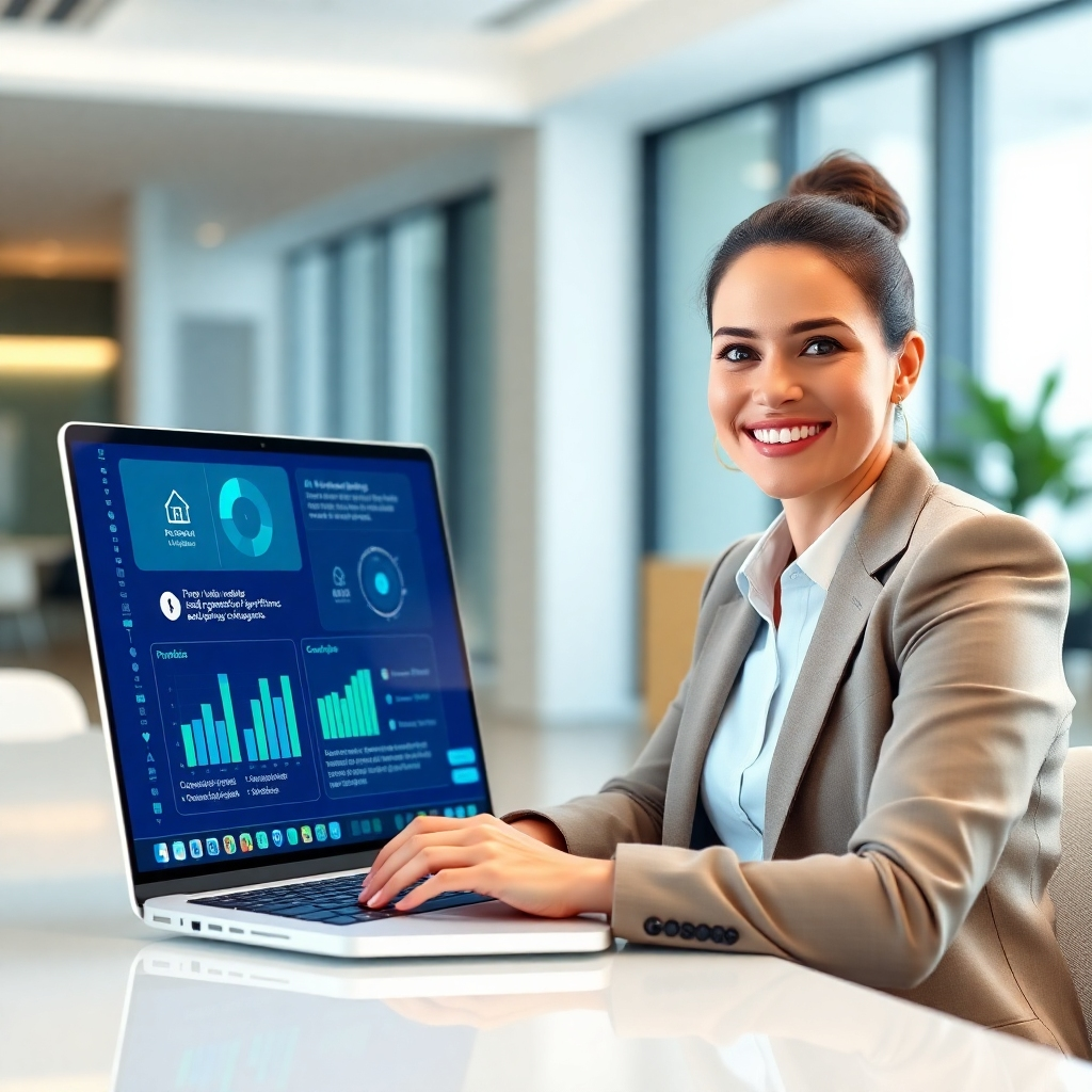 Create a photorealistic image showing a real estate agent using AI software on a laptop. The interface should display various AI-driven tools such as property valuation models, lead generation algorithms, and automated marketing campaigns. The agent is in a bright, modern office setting, smiling confidently. Lighting is soft and professional. Color palette: blues, greens, and whites. Camera angle: focus on the laptop screen and the agent's face. Add details such as data visualizations and intuitive software interface elements. Style reference: modern tech meets real estate professionalism. Technical specs: 8K resolution, hyperrealistic rendering.