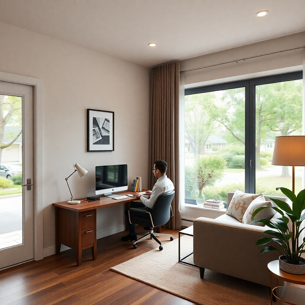 Create a photorealistic image showcasing a well-maintained mid-term rental property. The interior is tastefully furnished with modern amenities and a comfortable workspace. The setting is a quiet residential neighborhood with tree-lined streets. A professional individual is shown working remotely at a desk. Color palette: neutral, professional tones. Camera angle: focus on the workspace and the overall ambiance of the property. Style reference: corporate housing meets residential comfort. Technical specs: 8K resolution, hyperrealistic rendering.