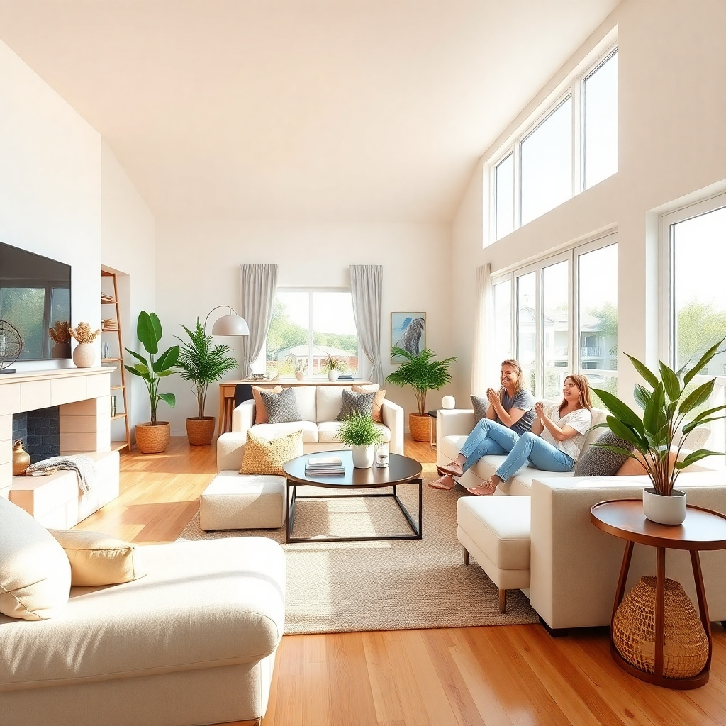 Generate a photorealistic image of a stylishly decorated short-term rental property with happy guests enjoying their stay. The interior is bright, clean, and inviting with modern furniture and decor. Natural light pours in through large windows. Include details such as high-quality linens, decorative plants, and comfortable seating arrangements. Color palette: warm, inviting tones. Camera angle: wide shot capturing the entire living space. Style reference: upscale vacation rental aesthetic. Technical specs: 8K resolution, hyperrealistic rendering.