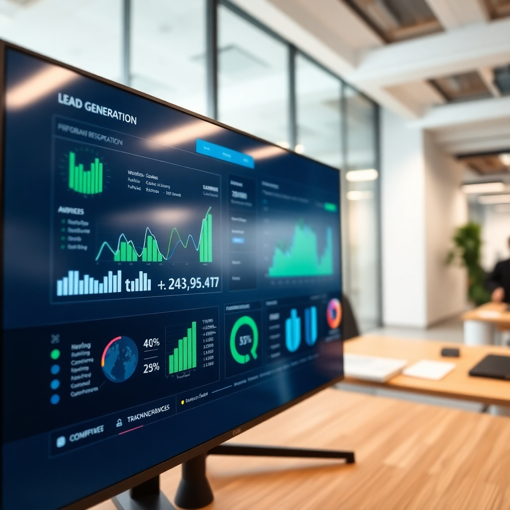 A photorealistic image depicting a complex data dashboard with charts, graphs, and numbers representing lead generation performance. The dashboard is displayed on a large monitor in a modern office setting. The lighting is bright and focused, highlighting the data visualizations. The color palette is professional and clean, with a mix of blues, greens, and grays. The camera angle is a close-up, emphasizing the detail and complexity of the data. Technical specs: 4K resolution, high-quality rendering.