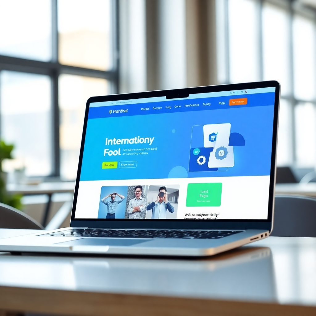 A photorealistic image depicting a laptop displaying a visually appealing and modern website design. The background features a modern office setting with soft, natural light. The lighting is soft and focused, highlighting the laptop and the website design. The color palette is professional and clean, with a mix of blues, greens, and grays. The camera angle is a close-up, emphasizing the detail and quality of the website design. Technical specs: 4K resolution, high-quality rendering.