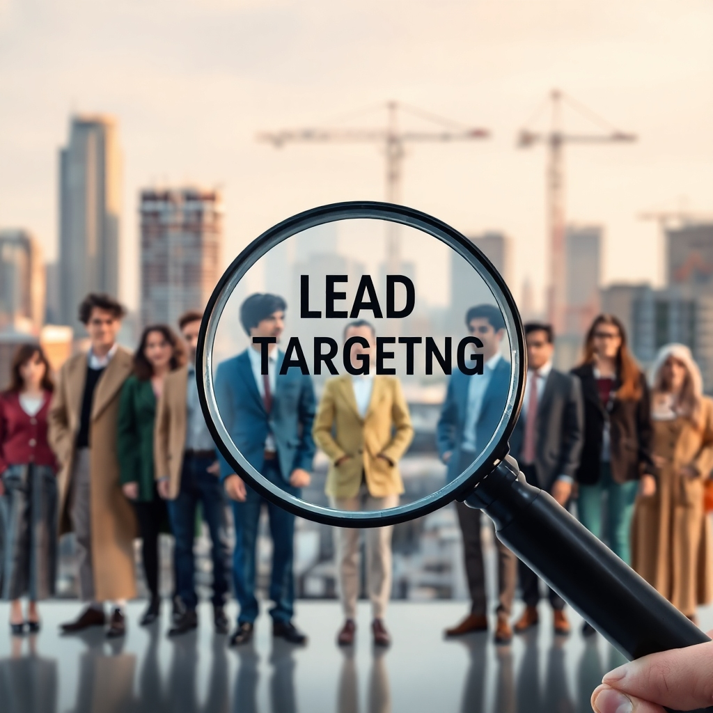 A photorealistic image depicting a magnifying glass focused on a group of diverse people, each representing a potential customer in the interior design, construction, or real estate industries. The background features a cityscape with prominent buildings and construction sites. The lighting is soft and focused, highlighting the magnifying glass and the people. The color palette is warm and inviting, with a focus on earth tones and blues. The camera angle is a close-up, emphasizing the precision and accuracy of lead targeting. Technical specs: 4K resolution, high-quality rendering.
