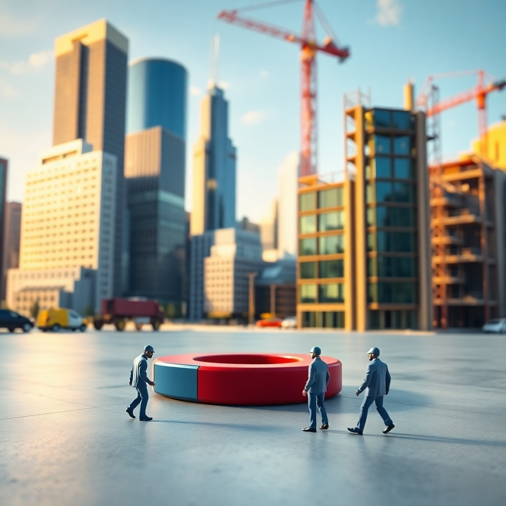 A photorealistic image depicting a magnet attracting leads (represented by small figures) towards a business (represented by a building). The background features a cityscape with prominent buildings and construction sites. The lighting is soft and focused, highlighting the magnet and the leads. The color palette is warm and inviting, with a focus on earth tones and blues. The camera angle is a wide shot, emphasizing the scale of the lead attraction process. Technical specs: 4K resolution, high-quality rendering.