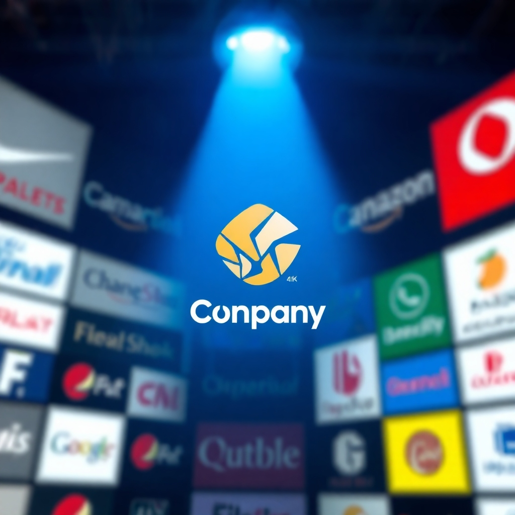 A photorealistic image depicting a spotlight shining on a company logo, making it stand out against a blurred background of competing brands. The logo is brightly lit and visually appealing, with a strong, memorable design. The background is softly blurred, emphasizing the dominance of the spotlighted logo. The camera angle is a close-up, emphasizing the clarity and impact of the logo. Technical specs: 4K resolution, high-quality rendering.