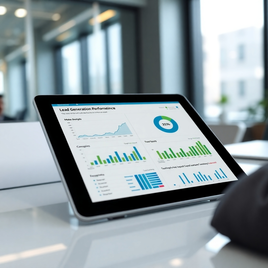 A photorealistic image depicting a detailed report with charts, graphs, and numbers representing lead generation performance. The report is displayed on a tablet in a modern office setting. The lighting is bright and focused, highlighting the data visualizations. The color palette is professional and clean, with a mix of blues, greens, and grays. The camera angle is a close-up, emphasizing the detail and clarity of the report. Technical specs: 4K resolution, high-quality rendering.