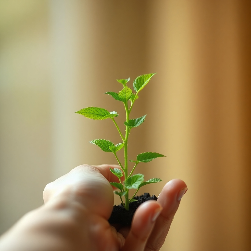 A photorealistic image depicting a hand gently nurturing a plant, representing the process of lead nurturing. The plant is healthy and vibrant, symbolizing the growth of the lead. The background is soft and blurred, emphasizing the care and attention being given to the plant. The lighting is warm and inviting, creating a sense of trust and security. The camera angle is a close-up, emphasizing the detail and tenderness of the gesture. Technical specs: 4K resolution, high-quality rendering.