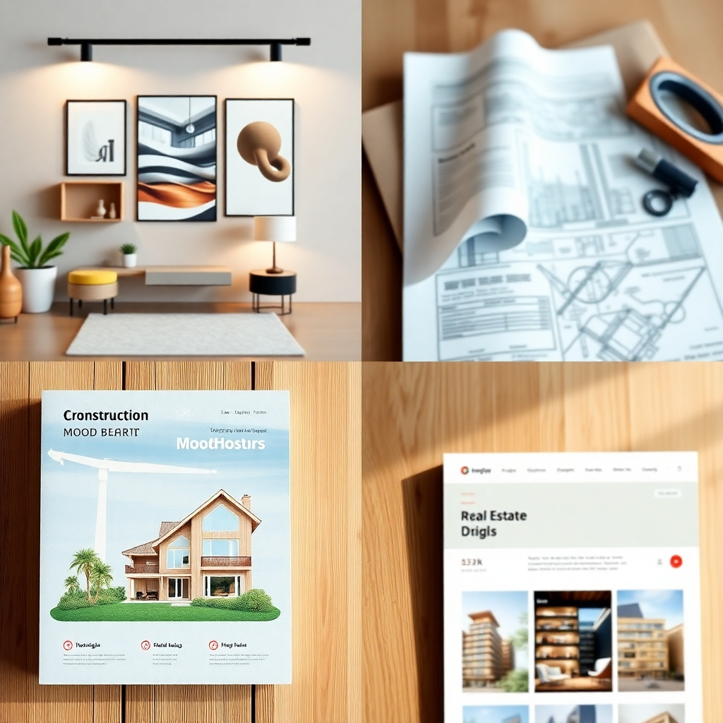 A photorealistic image showcasing a collage of elements representing the four industries: an interior design mood board, construction blueprints, a real estate property listing, and a website design mockup. The lighting is soft and diffused, highlighting the details of each element. The color palette is warm and inviting, with a mix of earth tones, blues, and greens. The camera angle is a close-up, emphasizing the textures and details of each element. Technical specs: 4K resolution, high-quality rendering.