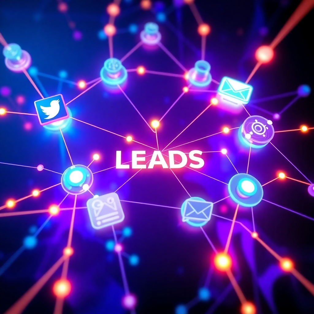 A stylized image depicting a network of interconnected channels, each representing a different marketing channel (social media, search engine optimization, email marketing). The channels are linked by glowing lines, symbolizing the flow of leads. The color palette is vibrant and energetic, with a mix of blues, purples, and oranges. The camera angle is an overhead view, emphasizing the interconnectedness of the network. The environment is abstract and futuristic, with a sense of limitless potential. Technical specs: 4K resolution, high-quality rendering.