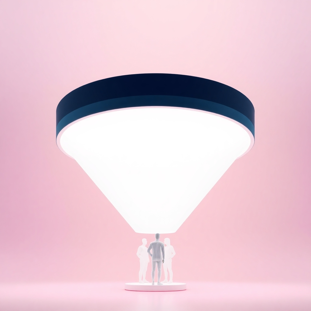 A stylized image showing a funnel with leads entering at the top and customers emerging at the bottom. The funnel is brightly lit and visually appealing, with a smooth, seamless transition. The background is a gradient of colors, representing the different stages of the customer journey. The camera angle is a slightly low perspective, emphasizing the size and scale of the funnel. The overall style is clean and modern, with a focus on simplicity and clarity. Technical specs: 4K resolution, high-quality rendering.