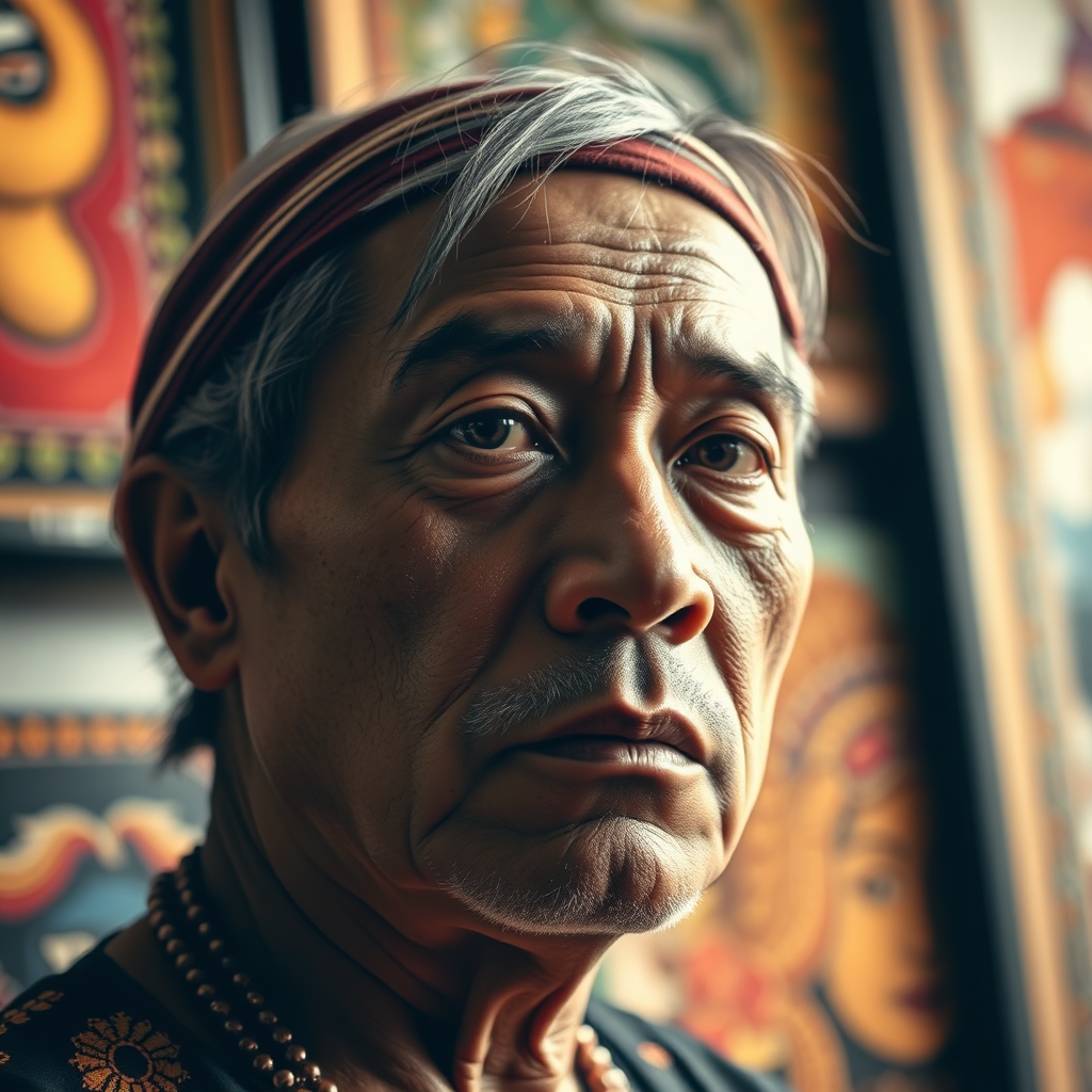 A close-up portrait of an artist with a determined expression, surrounded by their artwork. The lighting is dramatic and highlights the artist's passion and dedication. Include cultural elements that reflect the artist's background.