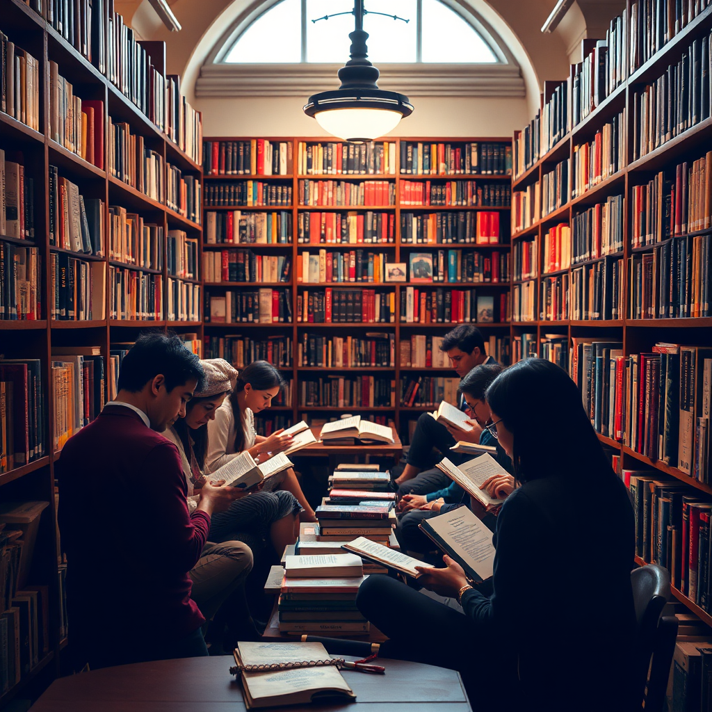A cozy library setting with bookshelves filled with books in different languages. A diverse group of people are reading and discussing literature. The lighting is warm and inviting, creating a sense of intellectual curiosity and cultural exchange.