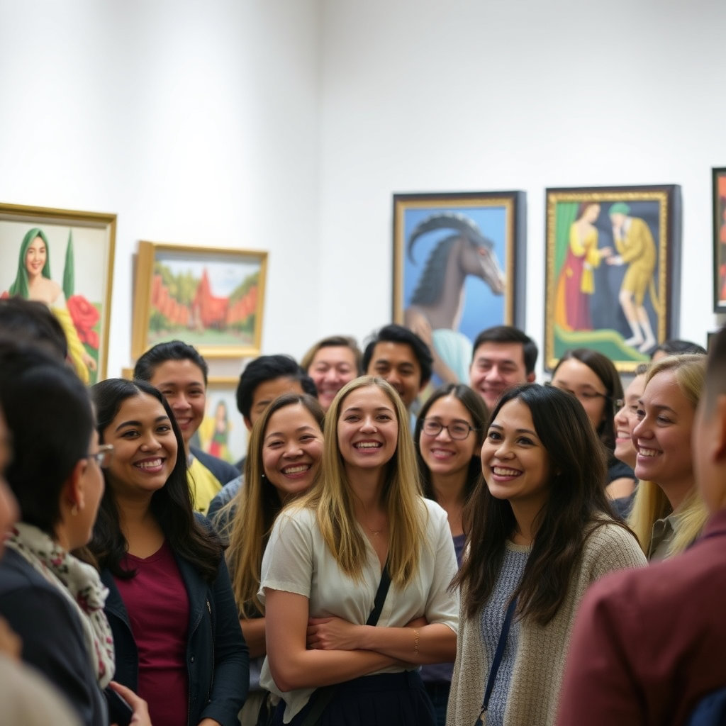 A diverse group of people smiling and interacting in an art gallery, surrounded by artwork from different cultures. The lighting is soft and inviting, highlighting the artwork and the joyful expressions on the faces. Focus on capturing a sense of community and shared appreciation.