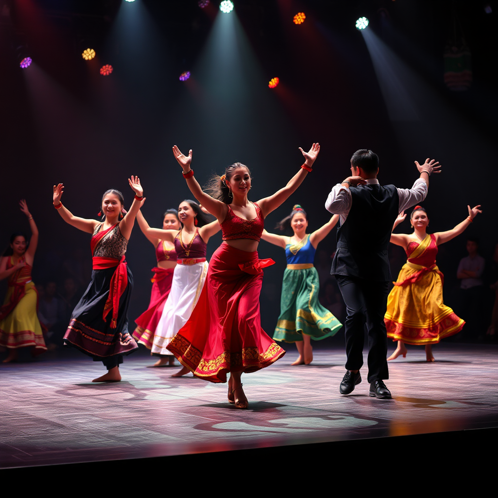 A dynamic stage performance featuring dancers from various cultural backgrounds in traditional costumes. The lighting is dramatic and colorful. Capture the energy and movement of the performers, emphasizing the diversity of their styles.