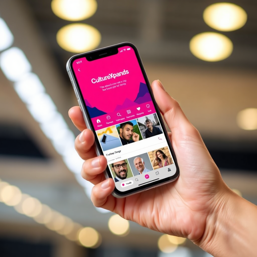 A hand holding a smartphone displaying the CultureXpands social media feed, with engaging content visible. The lighting is modern and dynamic, highlighting the accessibility of social media.