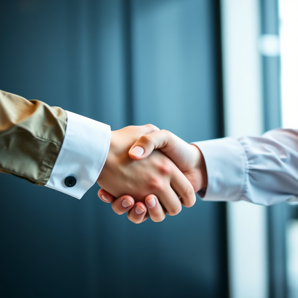 A handshake between two individuals representing different organizations, symbolizing a partnership. The lighting is professional and emphasizes the mutual respect and collaboration.