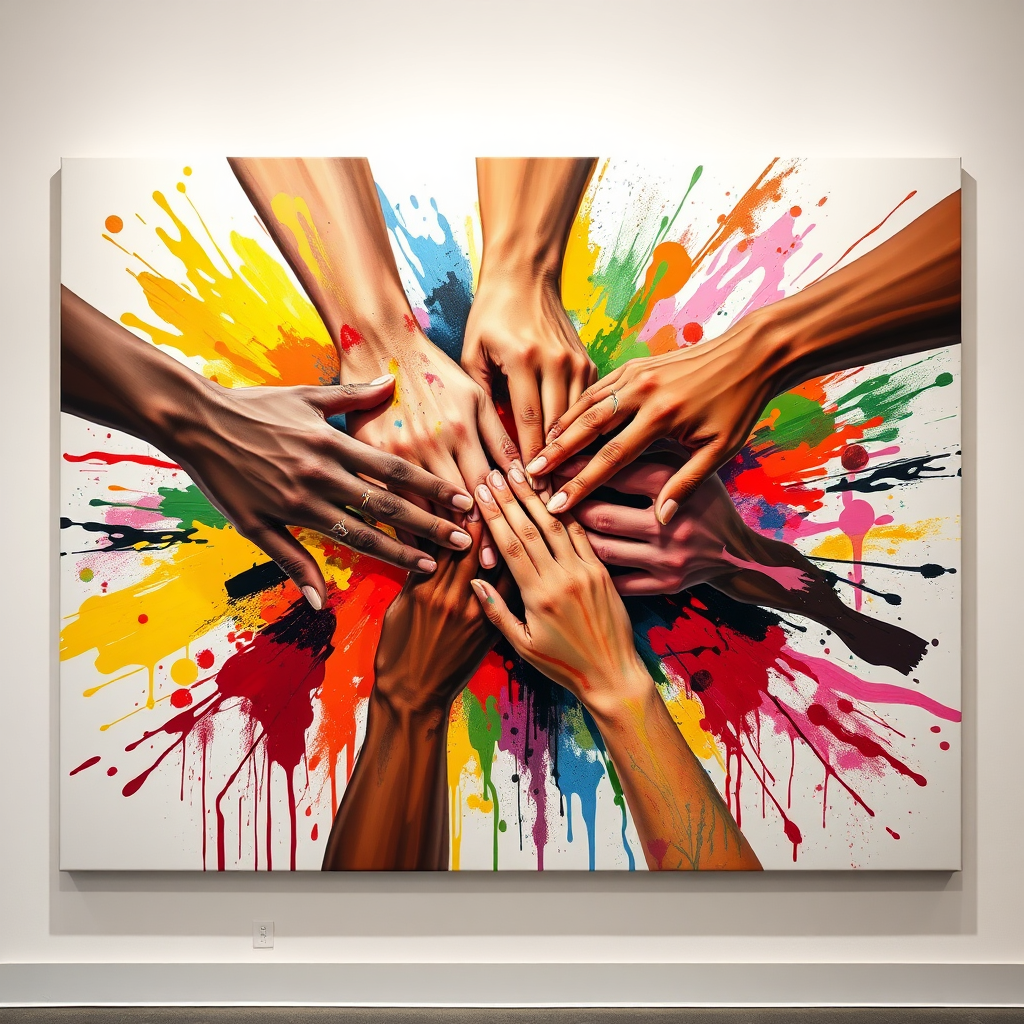 A large canvas with intertwined hands from different cultures painting together. The color scheme is vibrant and diverse, showcasing unity. The lighting emphasizes the collaborative nature of the artwork.