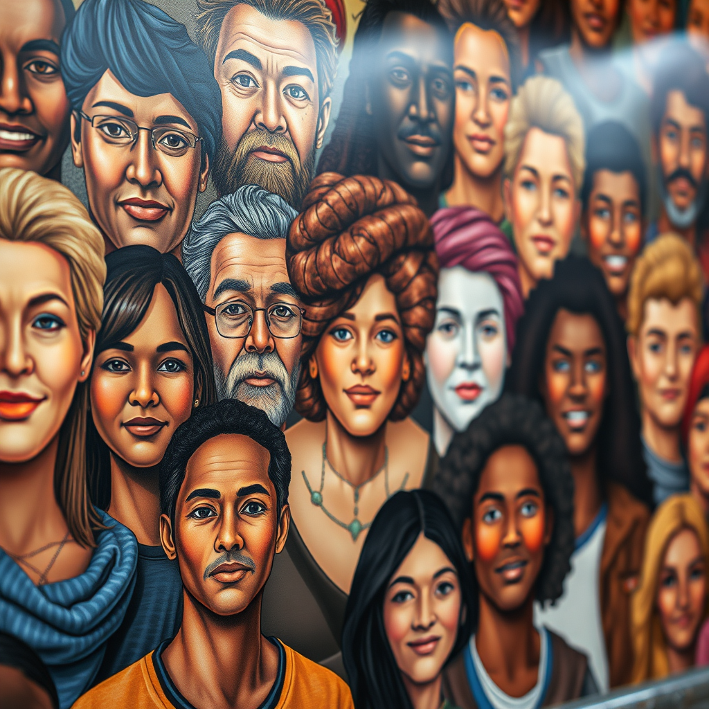 A mural composed of portraits representing different cultures and ethnicities. The lighting is soft and natural, highlighting the unique features of each individual. The background is blurred to emphasize the diversity of the subjects.