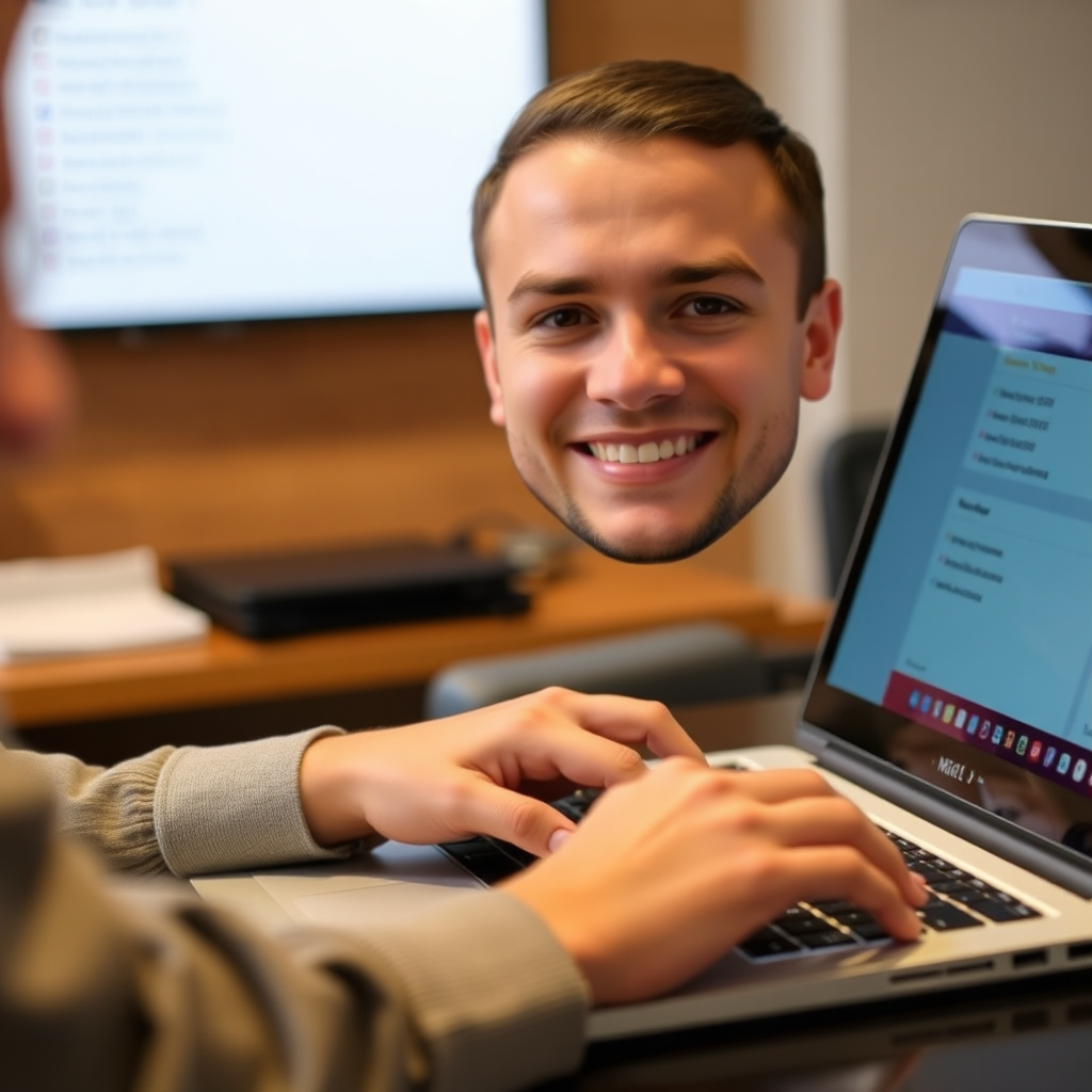 A person typing on a laptop, with a friendly and approachable expression. The background shows contact information on a screen. The lighting is inviting and professional.