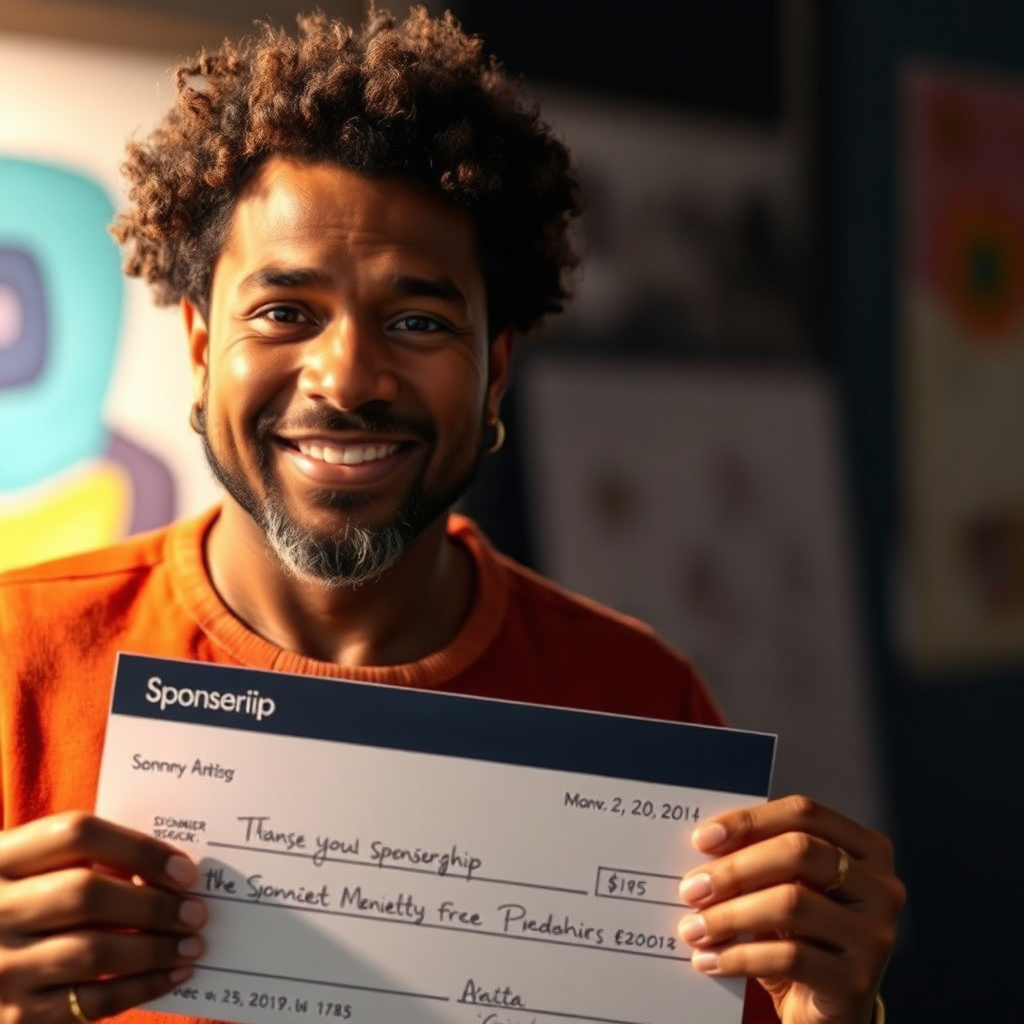 A portrait of an artist receiving a sponsorship check, with a grateful expression on their face. The lighting is warm and appreciative, highlighting the importance of supporting artists.