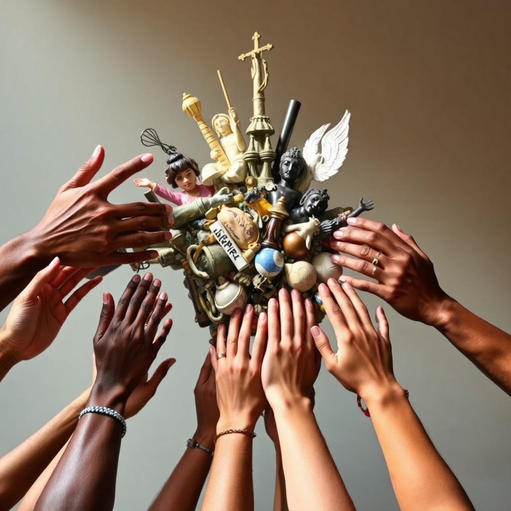 A series of hands from different ethnic backgrounds reaching out to touch a central sculpture that represents various art forms. The sculpture is made of diverse materials. Use warm, natural light to emphasize the diversity and collaboration.