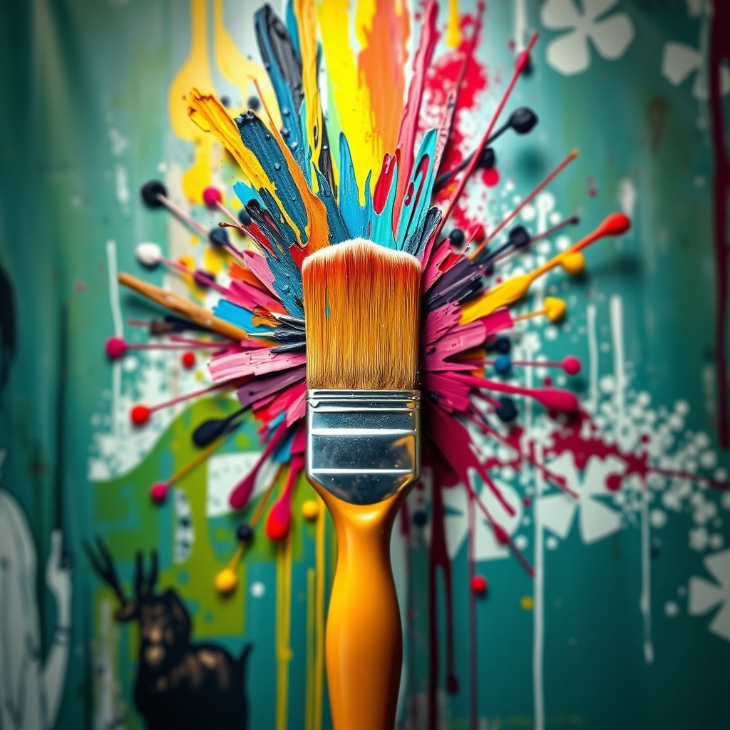 A single paintbrush creating a vibrant and colorful mural, symbolizing the impact of individual contributions. The lighting emphasizes the transformative power of art.
