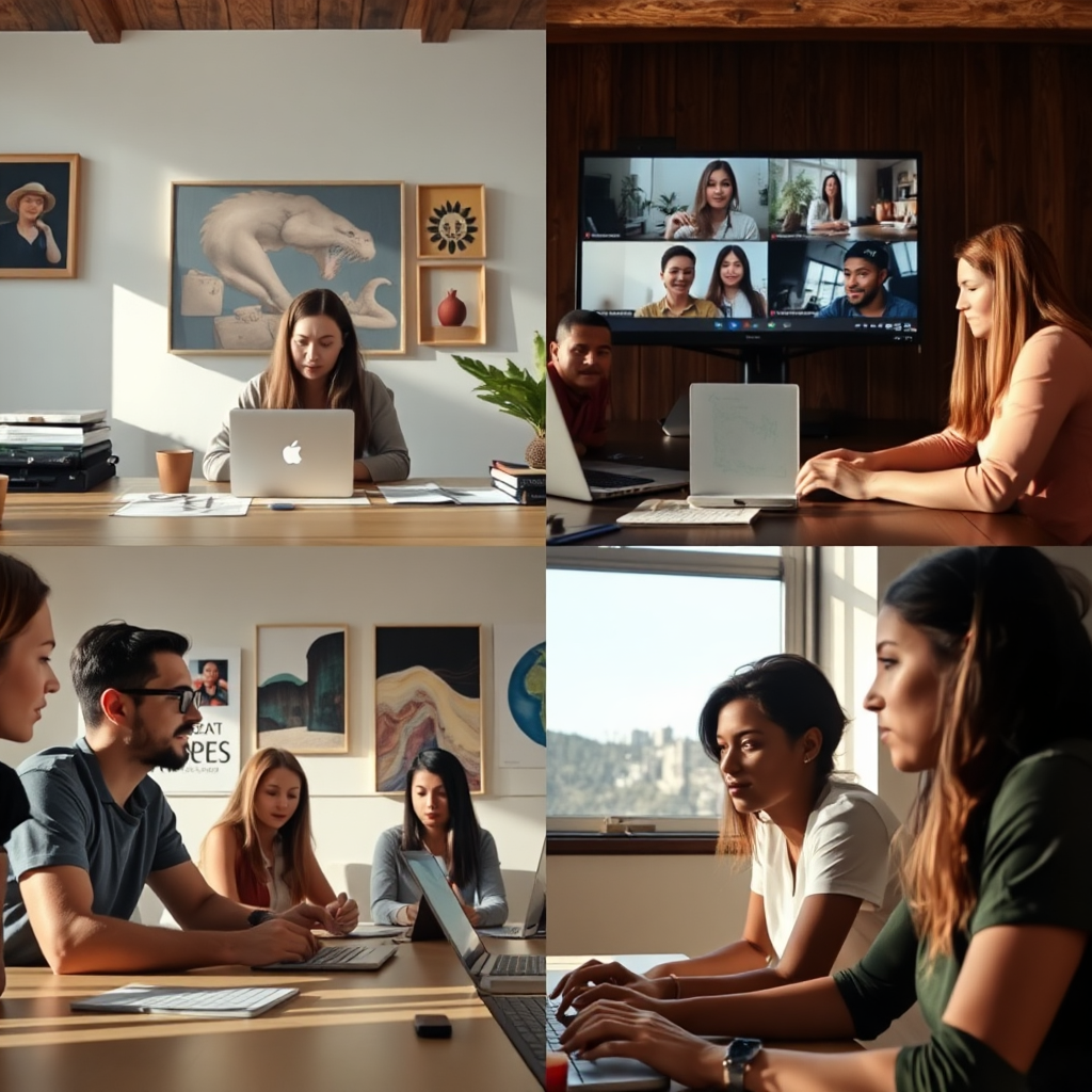 A split image showing two groups of artists in different countries collaborating on a joint art project via video conferencing. The lighting is natural and warm. Capture the sense of connection and collaboration despite the distance.