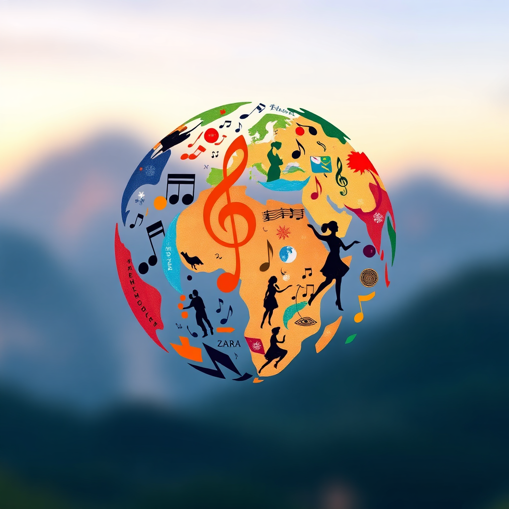A stylized globe made entirely of intertwined artistic elements: musical notes, brushstrokes, calligraphy, and dance silhouettes. The color palette is vibrant and uplifting. The background is a soft, blurred gradient, symbolizing the interconnectedness of cultures.