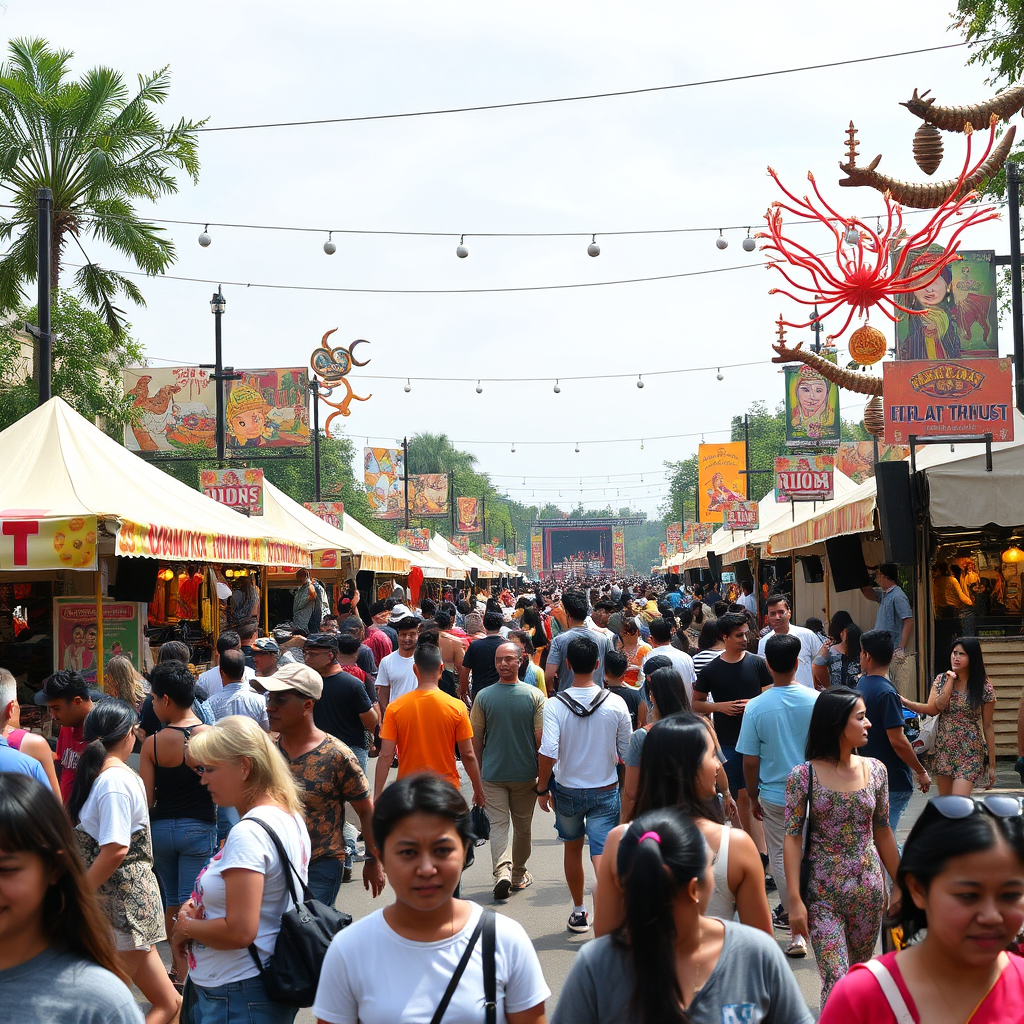 A vibrant outdoor festival scene with diverse food stalls, music stages, and art installations. People of all ages and backgrounds are participating and enjoying the event. Capture the energy and excitement of the festival, emphasizing the cultural exchange.