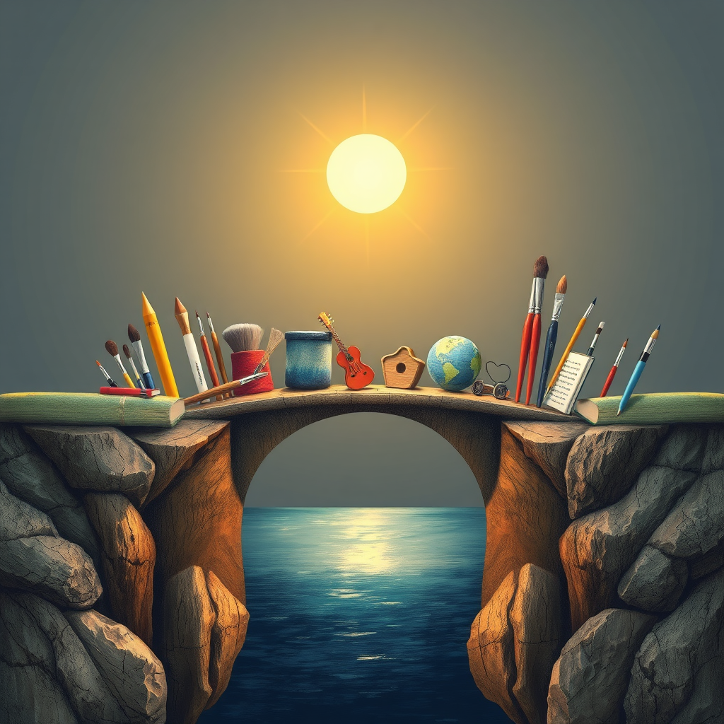 A visual metaphor depicting a bridge made of art supplies (paintbrushes, musical instruments, writing utensils) connecting two separate landscapes. The lighting is hopeful and illuminating, symbolizing unity.