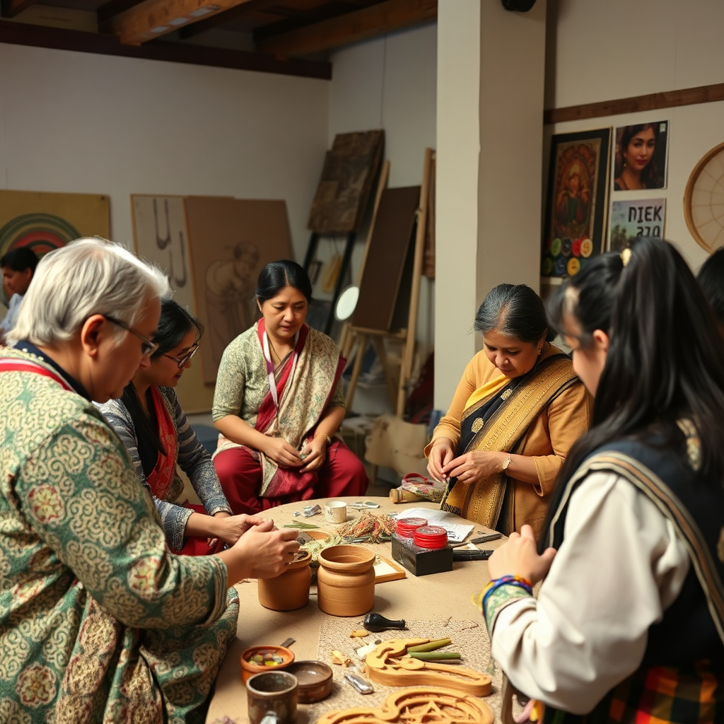 An art workshop in progress, with participants learning a traditional art form from a skilled artisan. The lighting is bright and focused on the activity. Capture the details of the materials and techniques being used, and the interaction between the instructor and the participants.