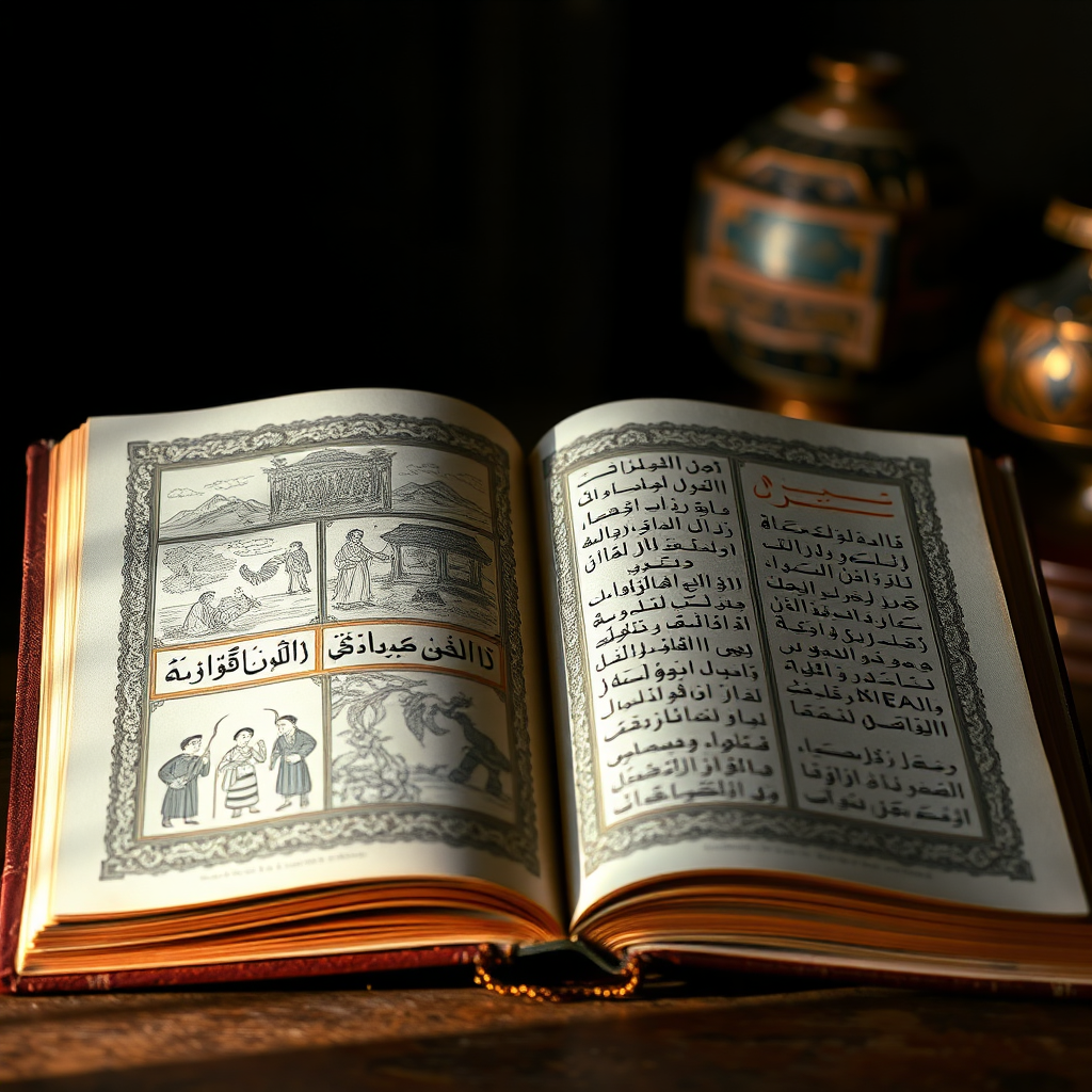 An open book displaying intricate illustrations and calligraphy from a specific culture. The lighting is soft and focused on the details of the artwork. The background is blurred to emphasize the importance of the cultural artifact.