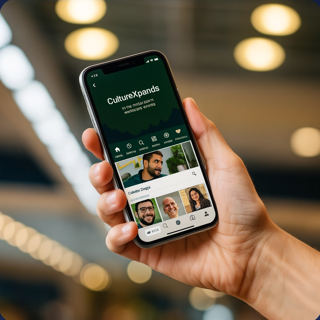 A hand holding a smartphone displaying the CultureXpands social media feed, with engaging content visible. The lighting is modern and dynamic, highlighting the accessibility of social media.