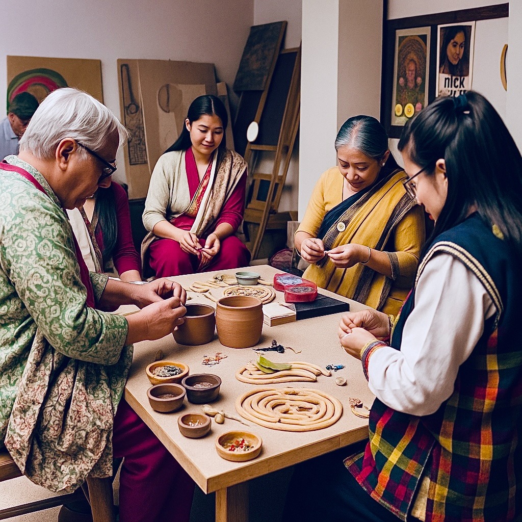 An art workshop in progress, with participants learning a traditional art form from a skilled artisan. The lighting is bright and focused on the activity. Capture the details of the materials and techniques being used, and the interaction between the instructor and the participants.
