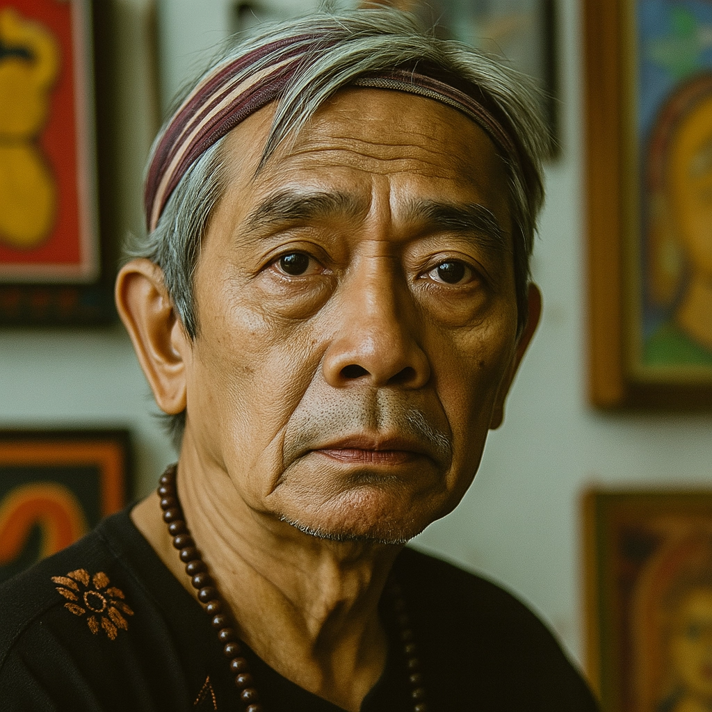 A close-up portrait of an artist with a determined expression, surrounded by their artwork. The lighting is dramatic and highlights the artist's passion and dedication. Include cultural elements that reflect the artist's background.