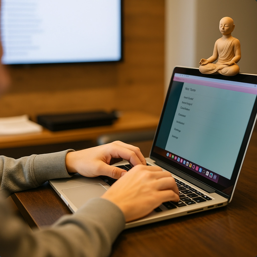 A person typing on a laptop, with a friendly and approachable expression. The background shows contact information on a screen. The lighting is inviting and professional.