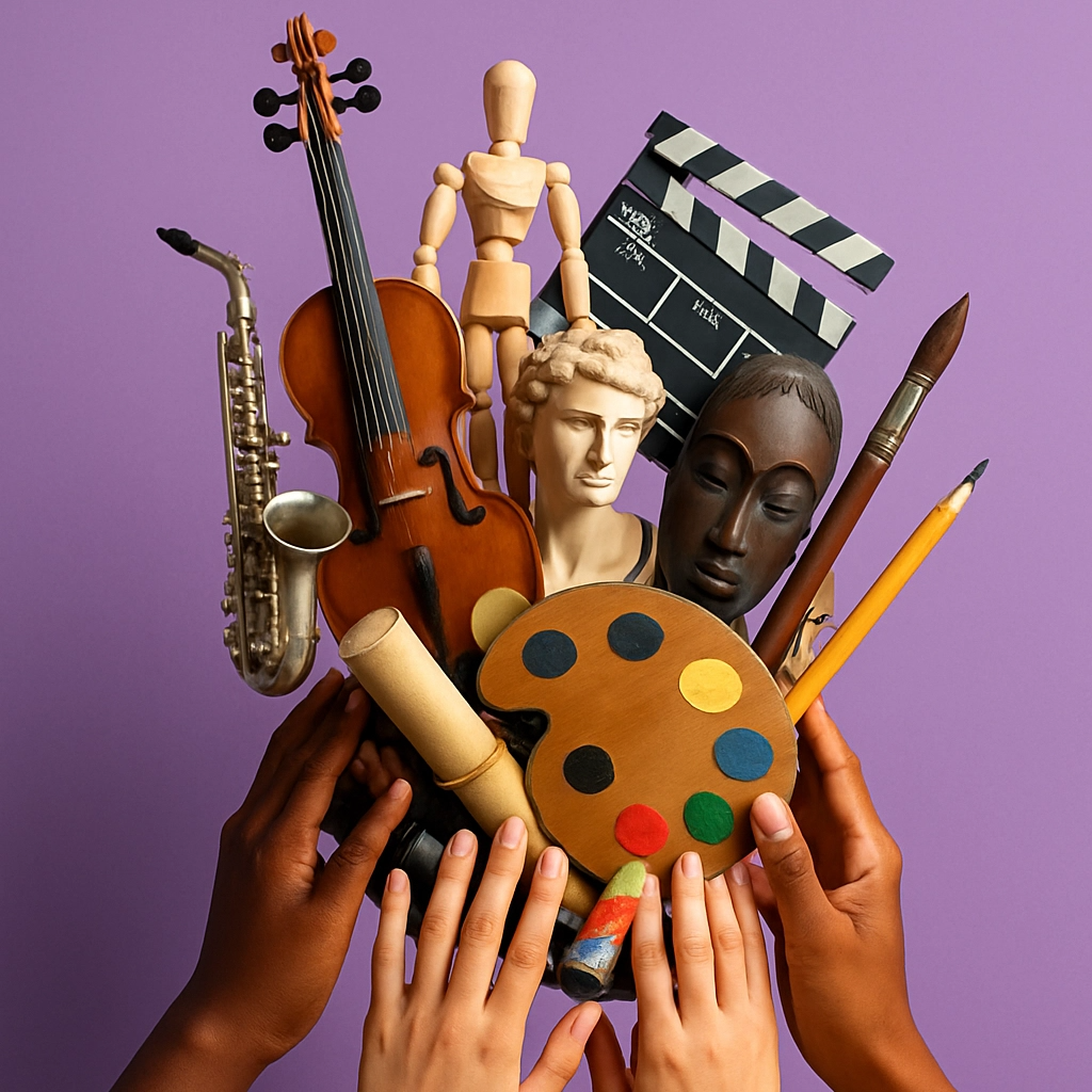 A series of hands from different ethnic backgrounds reaching out to touch a central sculpture that represents various art forms. The sculpture is made of diverse materials. Use warm, natural light to emphasize the diversity and collaboration.