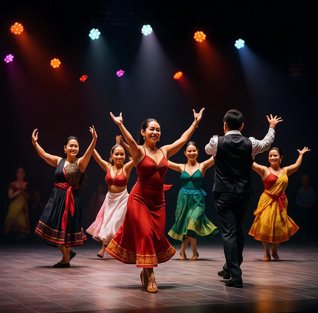 A dynamic stage performance featuring dancers from various cultural backgrounds in traditional costumes. The lighting is dramatic and colorful. Capture the energy and movement of the performers, emphasizing the diversity of their styles.