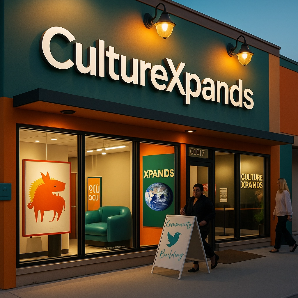 The exterior of the CultureXpands headquarters building, with signage and artwork visible. The lighting is bright and welcoming, inviting visitors to explore.