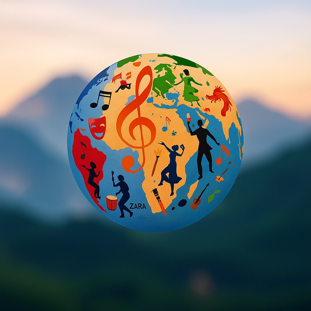 A stylized globe made entirely of intertwined artistic elements: musical notes, brushstrokes, calligraphy, and dance silhouettes. The color palette is vibrant and uplifting. The background is a soft, blurred gradient, symbolizing the interconnectedness of cultures.