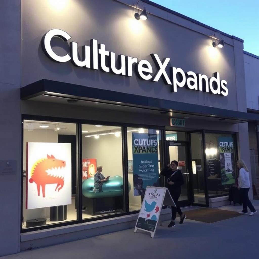 The exterior of the CultureXpands headquarters building, with signage and artwork visible. The lighting is bright and welcoming, inviting visitors to explore.