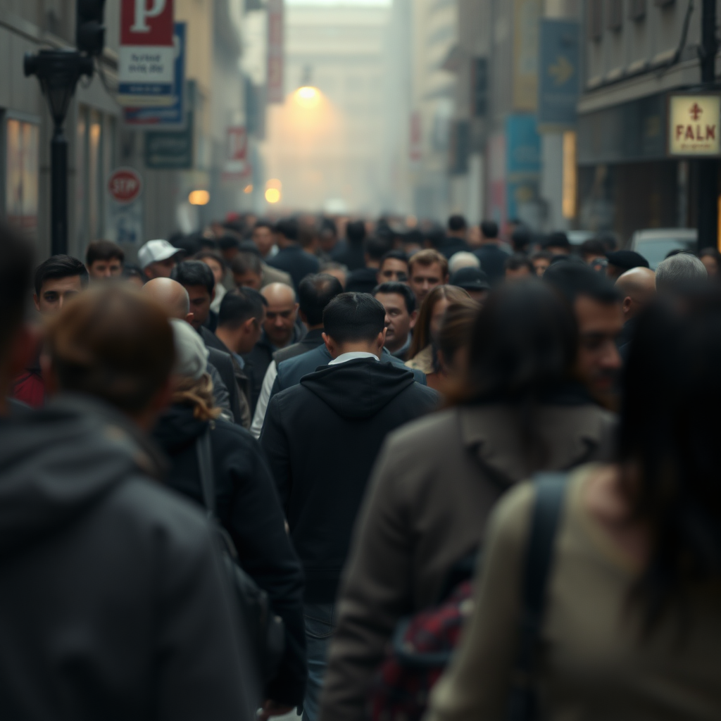 A photorealistic depiction of a crowded street scene with a person in distress in the background. The foreground shows blurred figures walking past, seemingly oblivious. The color palette is muted and desaturated, except for a single, faint spotlight on the person needing help. The lighting highlights the contrast between the indifference of the crowd and the vulnerability of the individual. The camera angle is from a slightly elevated perspective, capturing the scale of the crowd. Add textures to the clothing and the environment to enhance realism. The overall style is documentary-like, emphasizing the social dynamic. Render in high quality detail.